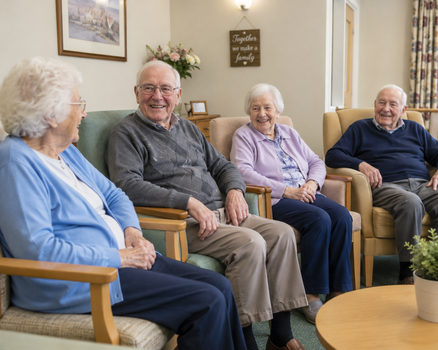 Elderly residents enjoying a group activity together in a care home lounge